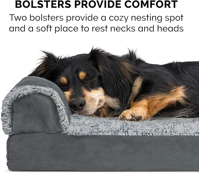 Furhaven Orthopedic Dog Bed for Large Dogs w/ Removable Bolsters & Washable Cover, For Dogs Up to 125 lbs - Two-Tone Plush Faux Fur & Suede L Shaped Chaise - Stone Gray, Jumbo Plus/XXL - PAWPICO