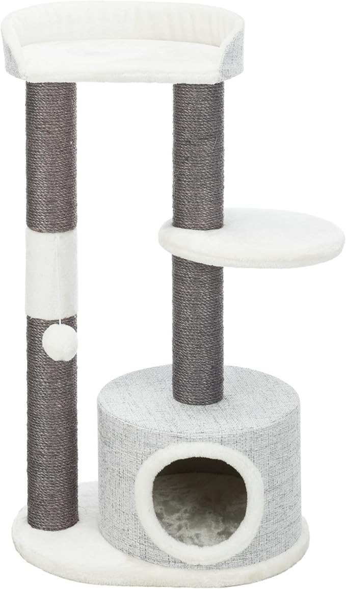 TRIXIE Pilar Cat Scratching Post 39.4 Inch - with Durable Sisal Rope (Gray) and Condo, Two Platforms, Top Platform with Backrest & Dangling Cat Toy - in Gray - PAWPICO