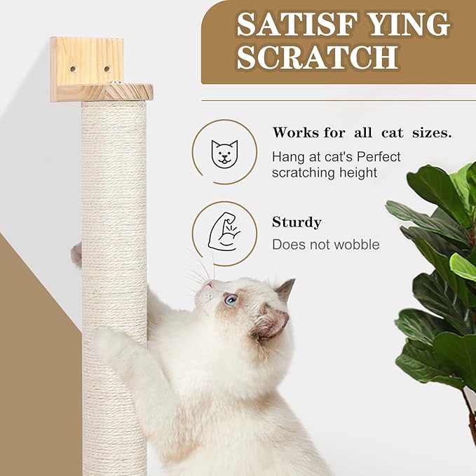 Wall Mounted Cat Scratching Post - 21'' Wooden Sisal Cat Scratcher,Hemp Rope Scratcher Posts for Indoor Cats or Kittens- Cute Modern Wall Mounted Cat Furniture - PAWPICO
