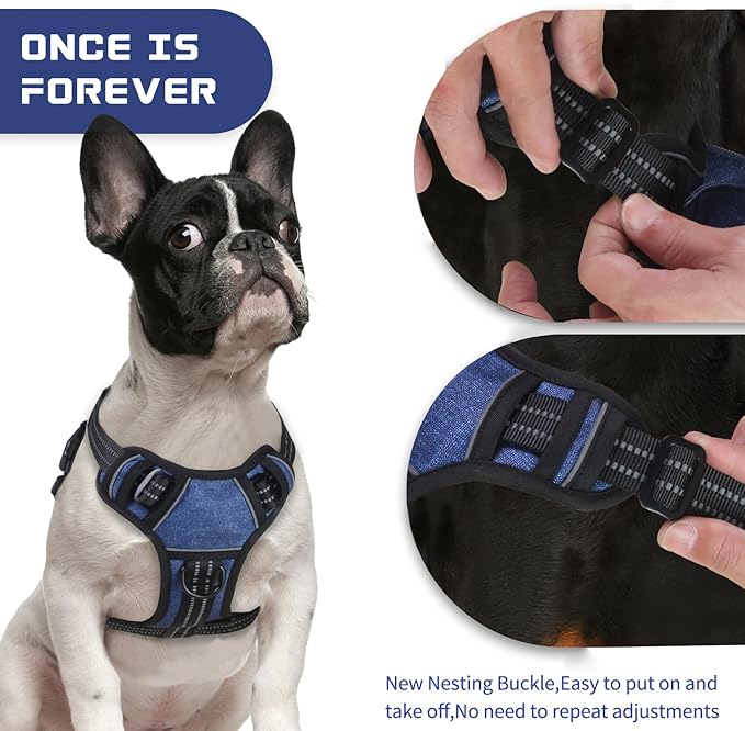 BUMBIN Dog Harness for Large Dogs, No Pull Adjustable No Choke Pet Vest with Dog Leash Fit Smart Reflective Pet Walking Harness for Training Easy Control Soft Handle Denim Blue L BUMBIN