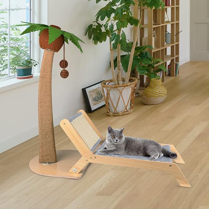 Cat Scratching Post with Bed,29.5 Inch Tall Palm Tree Cat Scratching Post for Indoor Cats, with Lounge Chair 2 in 1 Fun Sisal Rope Tall Cat Scratcher with Ball for Indoor Adult Cat/Kitten - PAWPICO