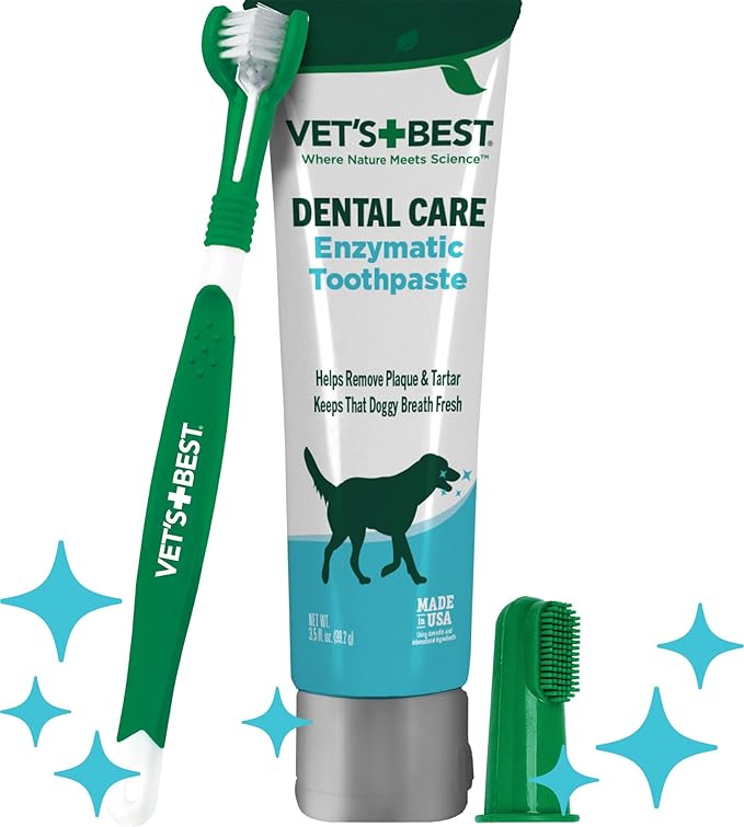 Vet's Best Dog Toothbrush & Enzymatic Toothpaste Kit - Teeth Cleaning - Made with Natural Ingredients - Reduces Plaque, Whitens Teeth, Freshens Breath - Bonus Care Guide & Finger Brush Included VetsBest