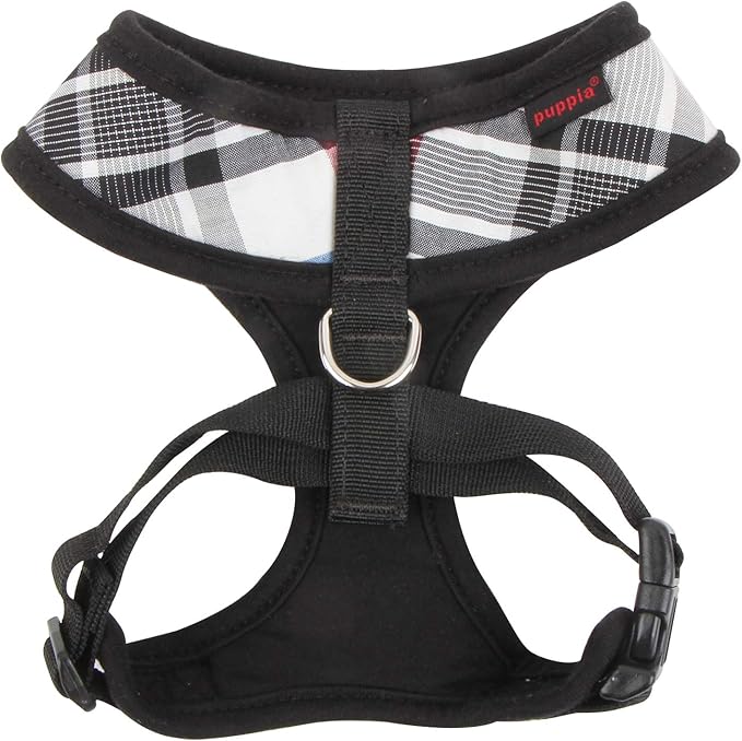 puppia Junior Over-The-Head Dog Harness Checkered Pattern No Choke No Pull Adjustable Chest Belt Walking Training for Small and Medium Dog, Large, Black PUPPIA
