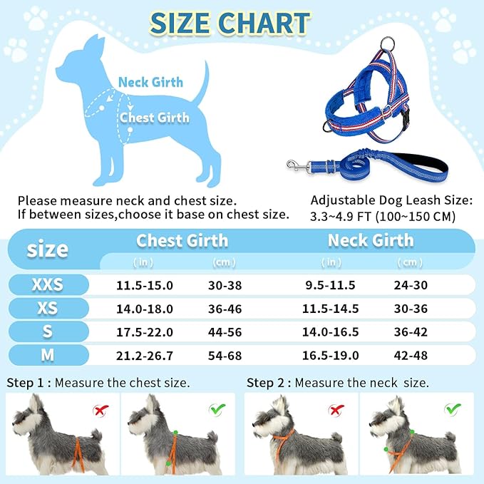 SlowTon No Pull Small Dog Harness and Leash Set, Puppy Soft Vest Harness Neck & Chest Adjustable, Reflective Lightweight Harness & Anti-Twist Pet Lead Combo for Small Medium Dogs (DB-Front Clip, XXS) SlowTon