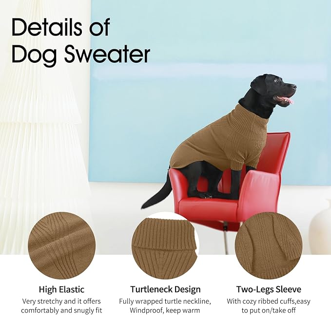 IECOii Dog Sweater,Dog Sweaters for Medium Dogs Girls Boys,Doggie Sweater Christmas,Pet Sweatshirt Knitwear Outfit for Holiday,KnitTurtleneck Warm Clothes for French Bulldog,Boston Terrier(Camel,M) - PAWPICO