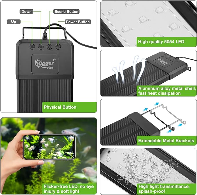 hygger 35W Smart Aquarium Light, Bluetooth LED Light with App Control, Full Spectrum Fish Tank Light with 24/7 Lighting Cycle, 5 Modes, Adjustable Timer, for 24"-30" Freshwater Planted Tank hygger