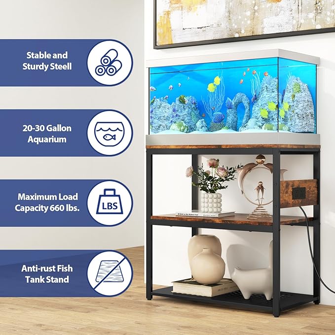 20-29 Gallon Fish Tank Stand With Power Outlets, 3-Tier Metal Aquarium Stand, Breeder Reptile Tank Stand with Shelf for Home Office, 660LBS Capacity, 29.5 x 15.8 x 30.1 inches Livofloral