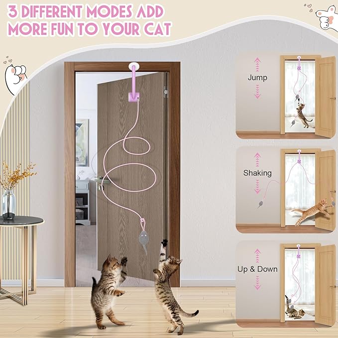 Cat Toy Interactive for Indoor Cats, Smart USB Rechargeable Door Hanging Automatic Retractable Kitten Toys, Teaser Electronic Self Play Feather Cat String Toys Attached with 3 Catnip Mice Pink - PAWPICO