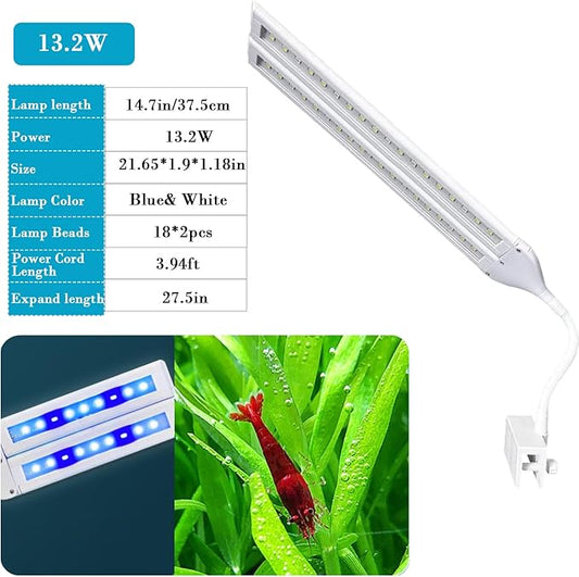 LED Aquarium Light Full Spectrum Clip Fish Tank Light Plants Light 360° Adjustable 2 Light Bar Super-Bright 13.2W Suitable for 20-75 Gal Fish Tank PUEUTU