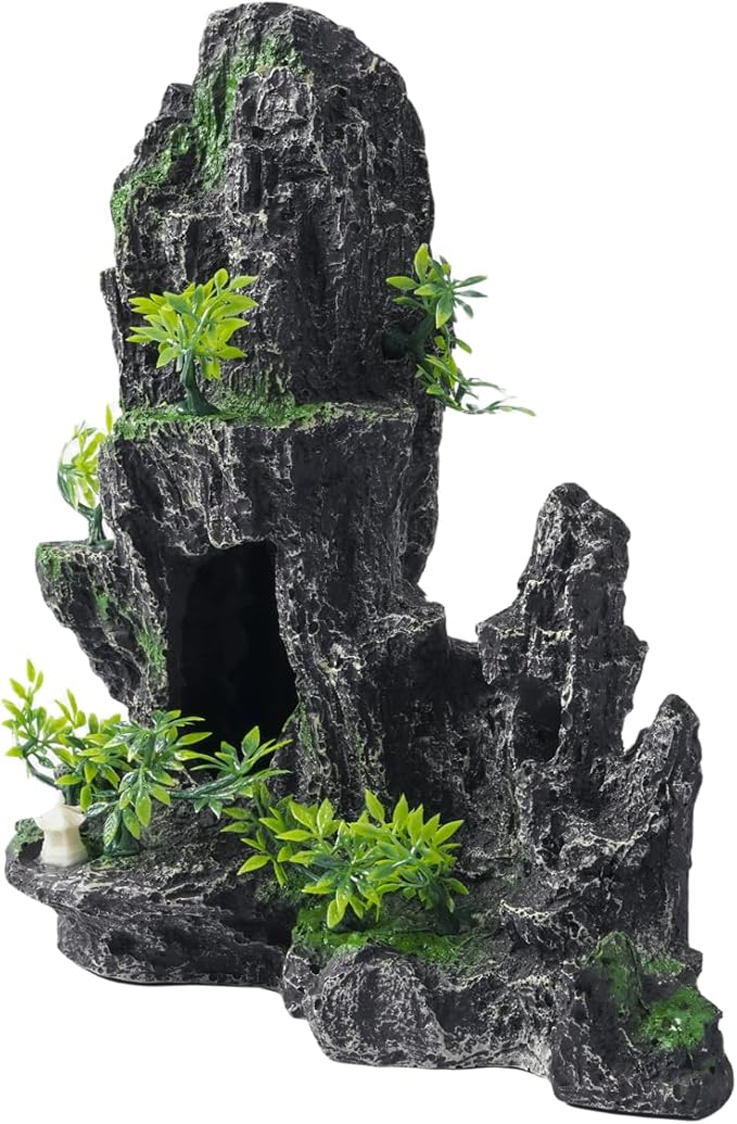 Large Fish Tank Decorations - Mountain View Aquarium Ornament with Tree House Cave Bridge,Resin, 10.24x9.45x5.12 inches, C SiissaPeksid