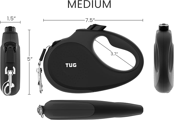 TUG 360° Tangle-Free Retractable Dog Leash with Anti-Slip Handle | 16 ft Strong Nylon Tape | One-Handed Brake, Pause, Lock (Medium, Black/Grey) TUG