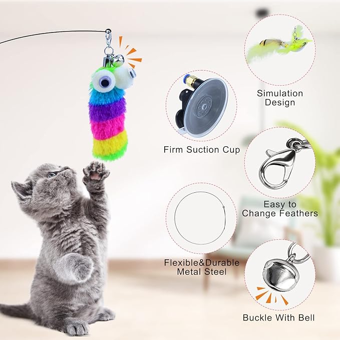 Interactive Bird Simulation Cat Toy Set Suction Cup Cat Wand Toy for Indoor Cats Suitable for Kitten to Play Exercise - PAWPICO