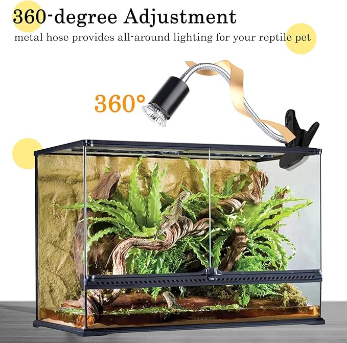 LUCKY HERP Reptile Heat Lamp with Clamp, Aquarium Turtle Tank Basking Light with 360° Rotatable Timing & Dimming and 2 Pack 50W UVA UVB Heat Light Bulb for Turtle Tortoise Lizard LUCKYHERP