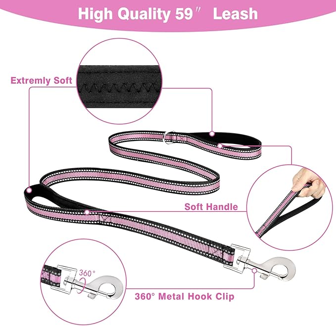 WINSEE Pet Harness Collar and Leash Set, All-in-one Reflective Dog Harness No Pull with Adjustable Buckles for Puppies, Small, Medium, Large, and Extra-Large Dogs (X-Large, Pink) - PAWPICO