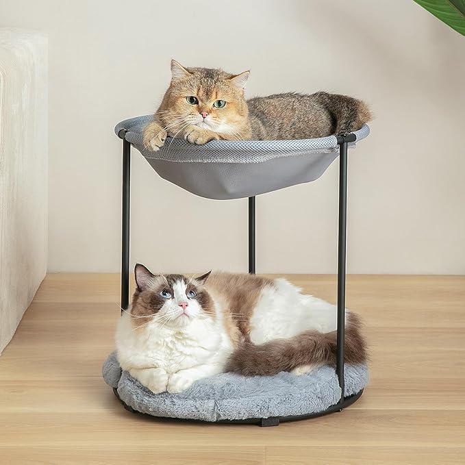 Double Cat Bed for 2 Cats Breathable Elevated Cat Beds for Indoor Cats, Round Fluffy Plush Cat Beds,18 x 16.5 x 16.5 Inch Cat Hammock Washable, Easy Assembly Cat Hammock for Multi-cat Household - PAWPICO