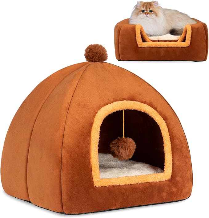 Cat Bed Cave for Indoor Cats,Cat House Tent Bed with Removable Washable Cushioned Pillow, 2-in-1 Kitten Beds for Indoor Kittens,Pet Bed - PAWPICO