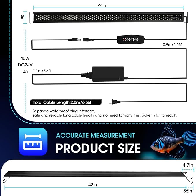 Zingbabu Fish Tank Lights, 40W RGBW Full Spectrum Aquarium Lights with Timer and Color Lights Modes, Adjustable Brightness Fish Lamp and Extendable Bracket for 48-55 Inch Aquarium ProfessionalPhotographyLight