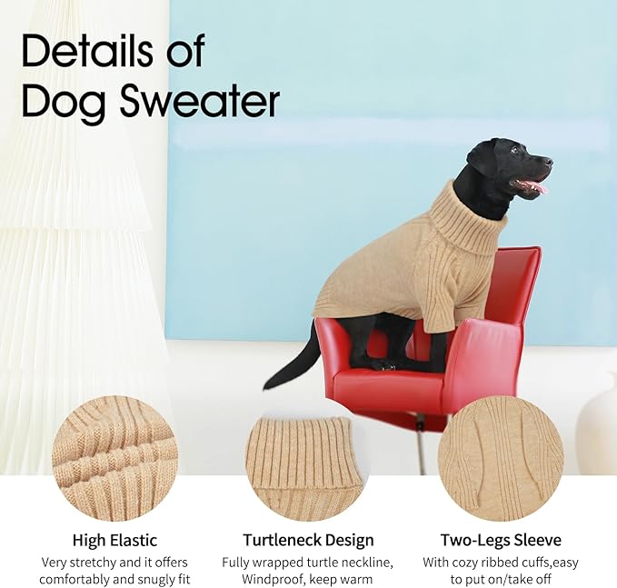 IECOii Large Dog Sweater,Pet Dog Sweaters for Large Dogs Boy,Thanksgiving Fall Doggie Sweatshirt,Turtleneck Thick Warm Girl Dog Sweater,Winter Knitwear Clothes for Corgi,French Bulldog(Apricot L) - PAWPICO