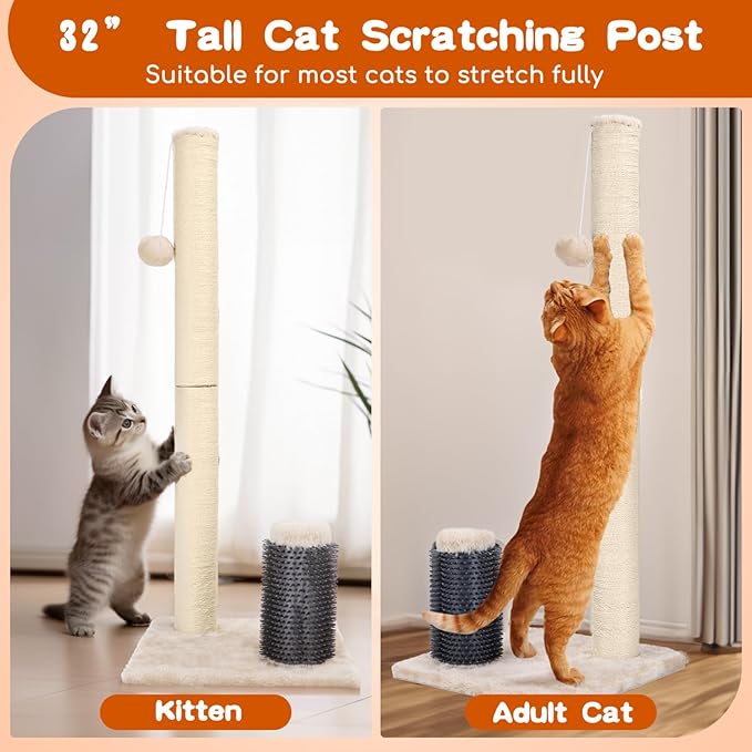 Nobleza 32” Tall Cat Scratch Post with Self Massage Brush, Natural Sisal Rope Cat Scratching Post for Indoor Cats, Stable Cat Scratcher Posts for Kittens Large Cats with Dangling Ball, Light Brown - PAWPICO