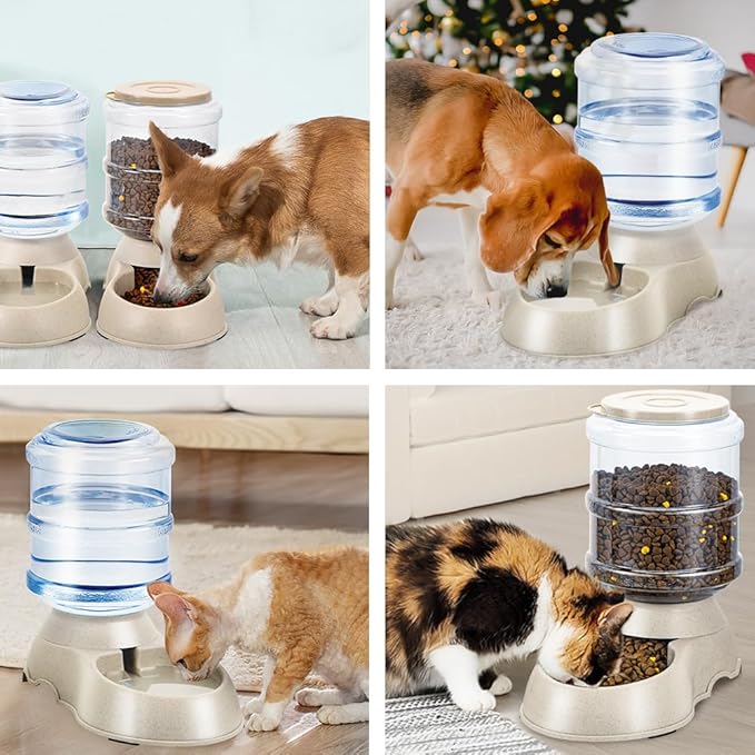 2 Pack Automatic Cat Feeder and Water Dispenser in Set Pet Food Bowl for Small Medium Dog Pets Puppy Kitten Big Capacity 1 Gallon x 2 (Cream) - PAWPICO