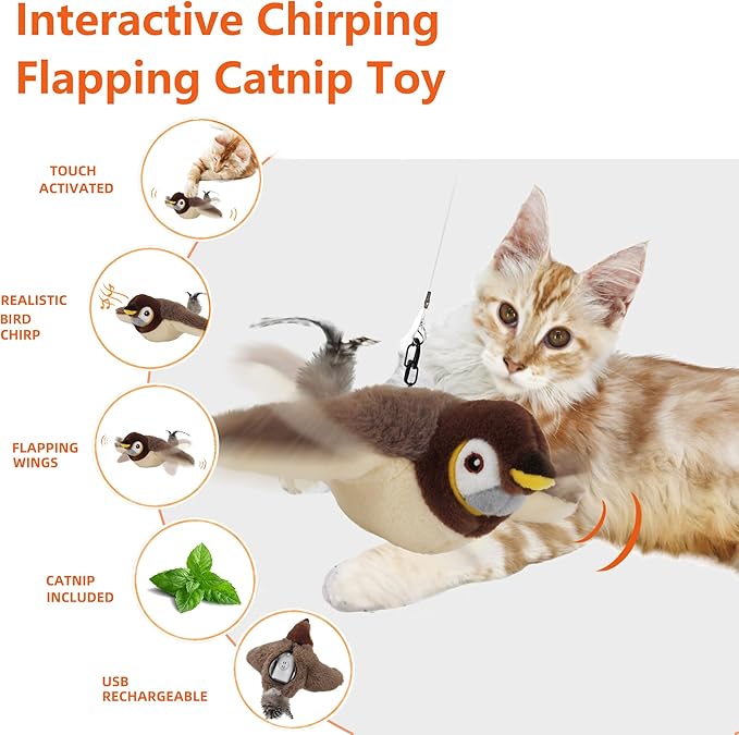 Flapping Bird Cat Toy, Rechargeable Lifelike Interactive Bird Cat Toys for Indoor Cats, Flapping Wings & Lively Chirping, Automatic Catnip Toys for Kitten Self Play Touch Activated (Sparrow) - PAWPICO