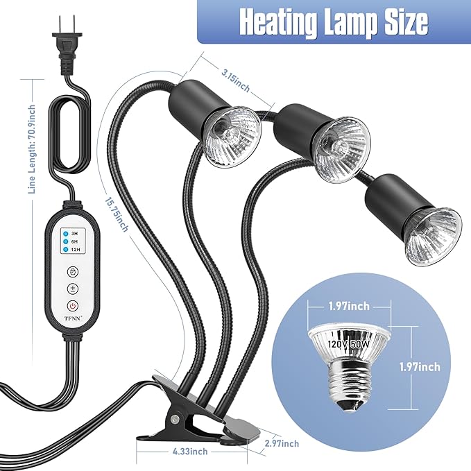 Reptile Heat Lamp, Three Head Reptile Light with Cycle Timer,UVA UVB Light, dimmable Basking lamp for Tortoise, Bearded Dragon, Lizard, Snake, E26/27 Base with 4 Bulbs (50W)-Black TFNN