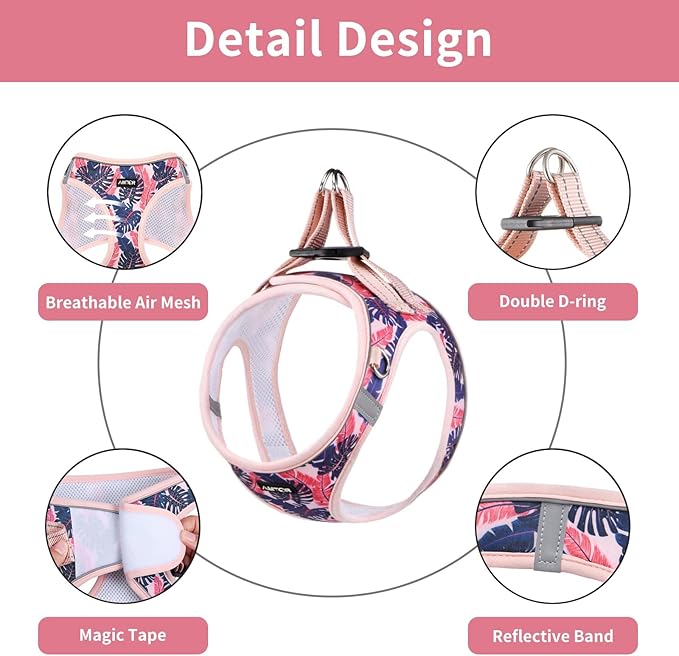 AMTOR Small Dog Harness with Leash Set, No Escape Easy Walk Puppy Harnesses for Training Walking, Step-in Reflective Soft Dogs Vest for XS S Medium Extra-Small Large Sized Dog(Pink Palm) AMTOR