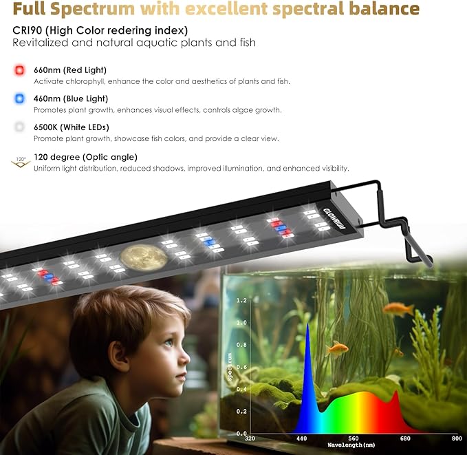 Aquarium Light, LED Full Spectrum Freshwater Aquarium Lights, Daylight/Moonlight Mode and infinitely dimmable, Fish Tank Light with Timer and Auto ON/Off (48-53 in) GLOWRIUM