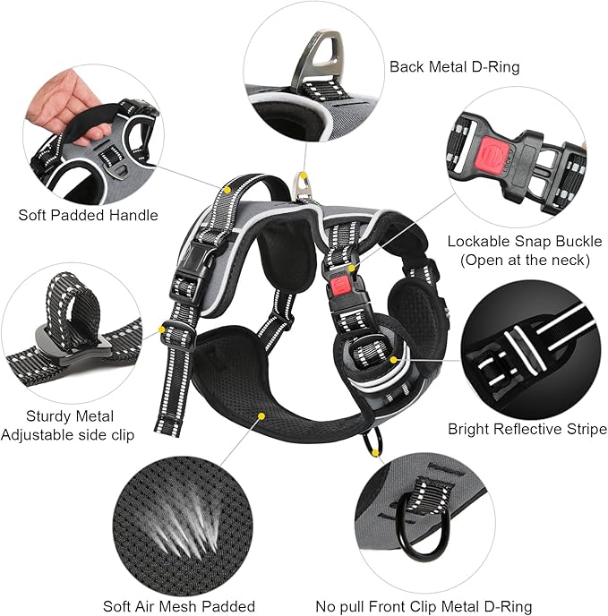 Timos Dog Harness Small Sized, No Pull Dog Harness with Neck Lockable Snap,No Choke Front Clip Dog Reflective Harness,Adjustable Metal Rings 3 Buckles,Easy Control Handle for Small Dogs Gray S Timos