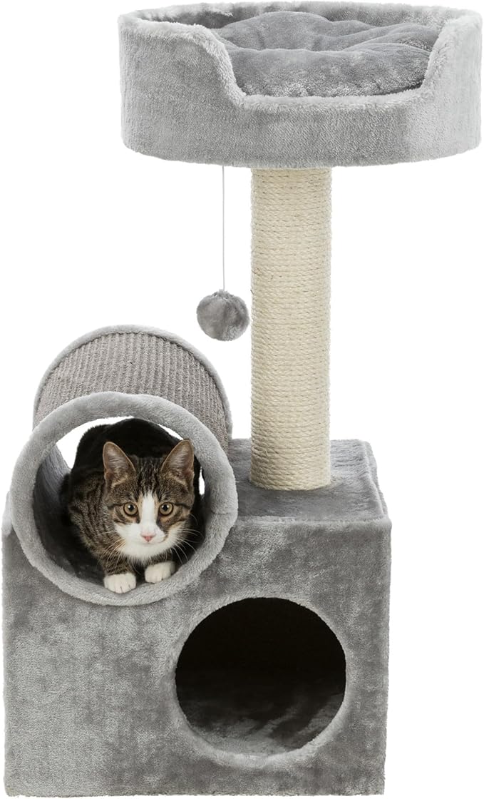 TRIXIE Tolar Cat Scratching Post 31.5 Inch - with Durable Sisal Rope and Tunnel, Condo, Platform with Removable Cushion & Dangling Cat Toy - in Gray - PAWPICO