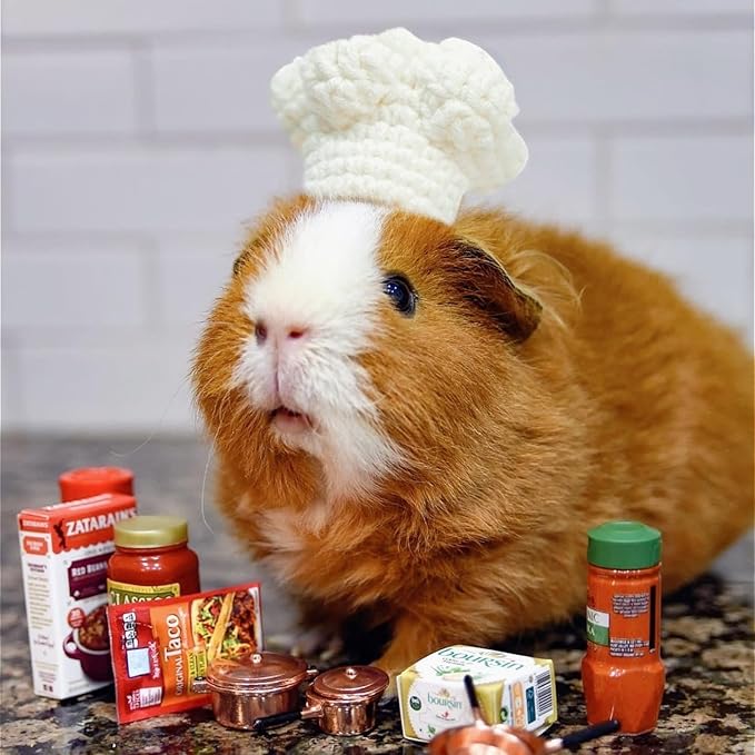 Guinea Pig Chef Hat - Hand Knitted Small Animal Cooking Chef Cap with Adjustable Strap Halloween Costume Outfit Prop Clothes Accessories for Rabbit Bunny Chinchilla Kitten Puppy (Medium) SEZDEKI