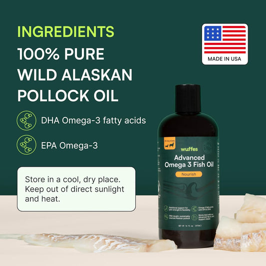 Wuffes Advanced Omega 3 Fish Oil for Dogs, Natural EPA & DHA Fatty Acids, Supports Healthy Skin and Coat, Joint Nutrition, Digestion & Immune System - 100% Pure Wild Alaskan Fish Oil - 8 Oz Wuffes