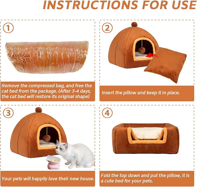 Cat Bed Cave for Indoor Cats,Cat House Tent Bed with Removable Washable Cushioned Pillow, 2-in-1 Kitten Beds for Indoor Kittens,Pet Bed - PAWPICO