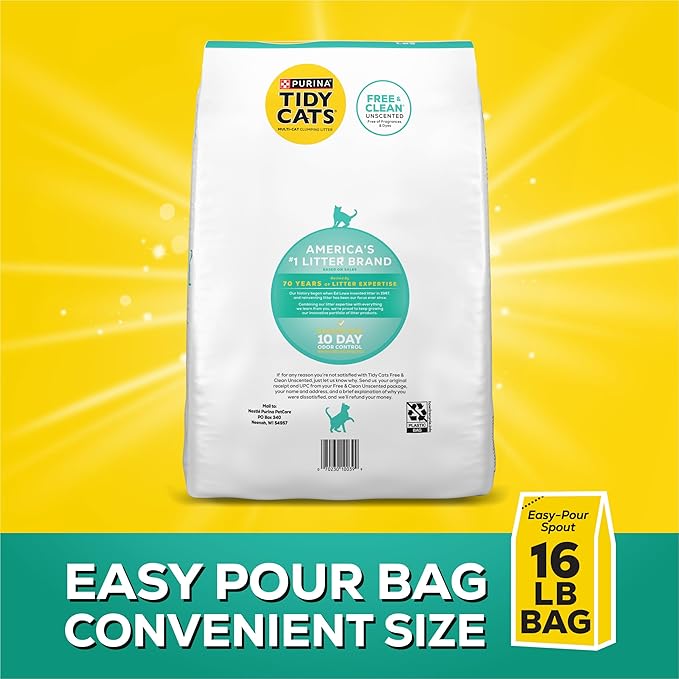 Purina Tidy Cats Clumping Cat Litter Odor Control, Free and Clean Unscented Multi Cat Litter - 16 lb. Bag - PAWPICO