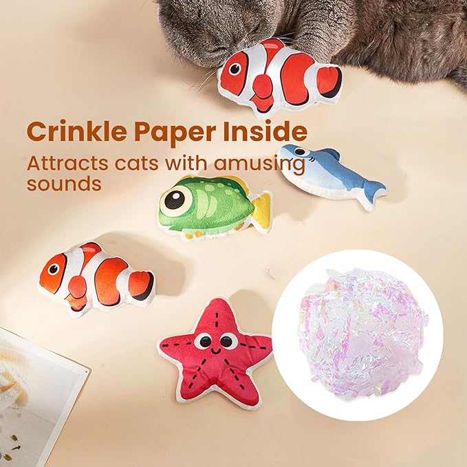 Cat Toys Fish, 4 Pack Crinkle Catnip Toys for Indoor Cats, Soft Durable Kitten Teething Toys, Interactive Cat Kicker Toys for All Breeds - PAWPICO