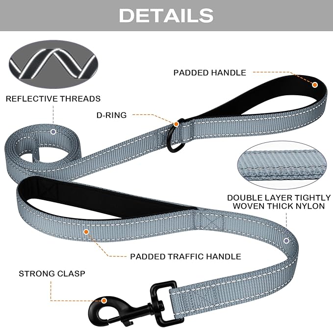 Joytale Dog Leash Heavy Duty for Large Dogs That Pull, Double Handle for Traffic Control, Double-Sided Reflective Leashes for Large Medium Dogs Night Safety, 6FT, Gray Joytale