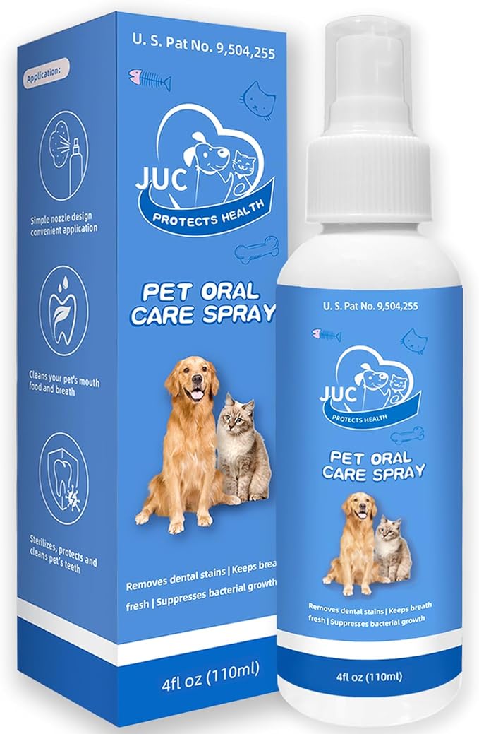 JUC Dog Breath Freshener for Dogs & Cats Teeth Cleaning Spray Dog Bad Breath Pet Oral Care Spray 4fl.oz JUCoralhealthexpertwithnumerouspatentsandtopcertificationsinvitesyoutoexploreouroralfreshnesssprayBrowseNow