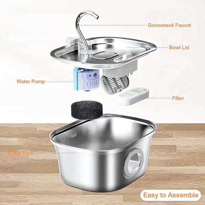 Stainless Steel Cat Water Fountain, 108oz/3.2L Cat Water Fountain with Filter, Automatic Cat Water Fountain with Ultra-Silent Pump, Water Level Window, Cat Feeding & Watering Supplies - PAWPICO