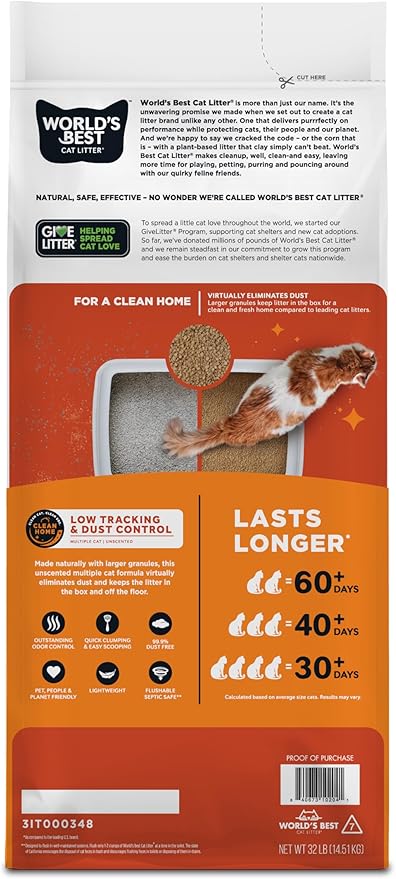 WORLD'S BEST CAT LITTER Low Tracking & Dust Control Multiple Cat Unscented 32-Pounds - Natural Ingredients, Quick Clumping, Flushable & Made in USA - Long-Lasting Odor Control & Easy Scooping - PAWPICO
