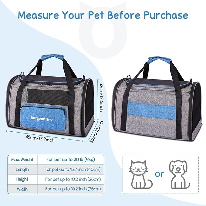 BurgeonNest Cat Carrier for Large Cats 20 lbs,Medium Cats Under 25 lbs,2 Cats and Small Dogs with Unique Side Bag,Top Load Pet Carrier Soft-Sided Escape Proof with 4 Ventilated Windows - PAWPICO