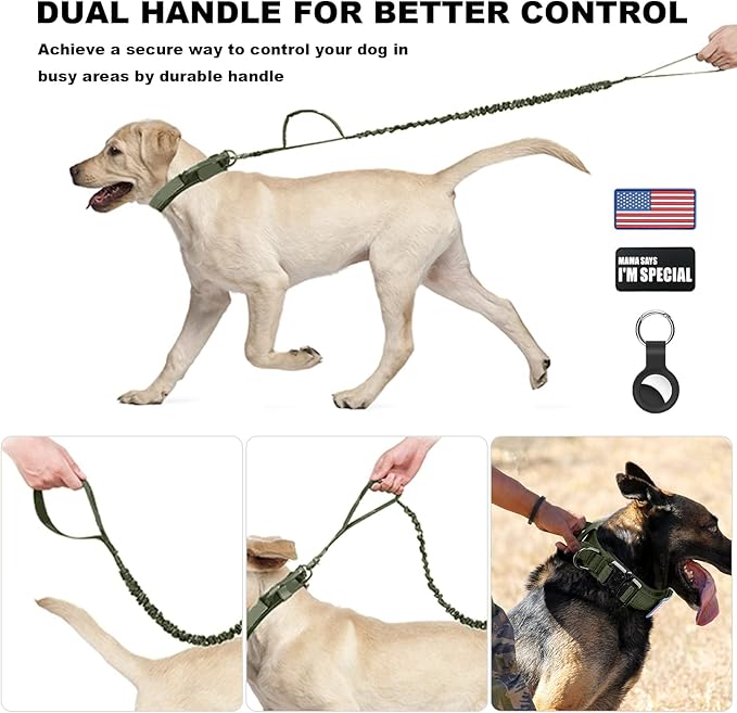 Tactical Dog Collar and Bungee Leash, Camo Military Dog Collar & Leash Set with USA American Flag Adjustable K9 Collar with Heavy Duty Metal Buckle & Handle,with Patches and Airtags Case (L, Green) Celifelight