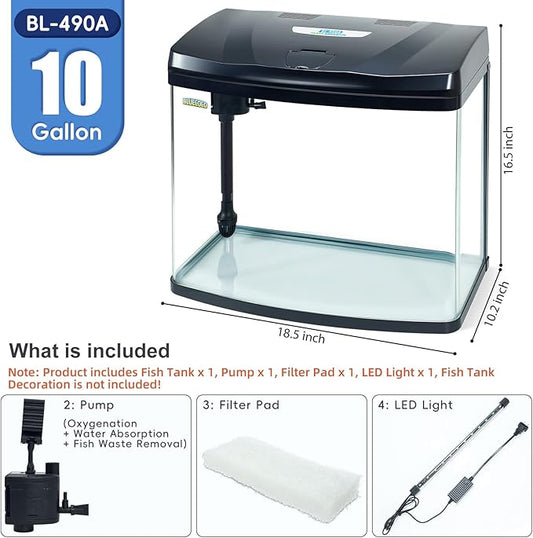 10 Gallon Glass Aquarium Starter Kit with Flip-Top Feeding Port for Betta Fish: Crystal Clear Viewing, Eco-Cycle Filtration, Air Pump, and LED Lighting Bluecoco