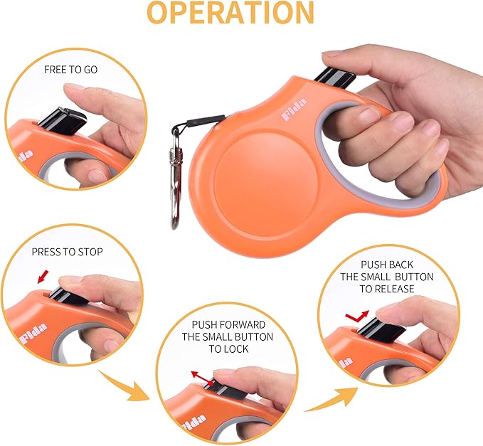 Fida Retractable Dog Leash, 16ft Heavy Duty Pet Walking Leash for Small Dog or Cat up to 26 lbs, Tangle Free. One-Hand Brake (Small,Orange) Fida
