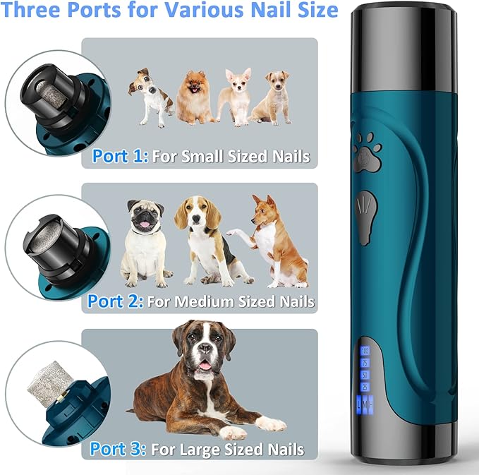 Dog Nail Grinder, Dog Nail Trimmers and Clippers Kit, Super Quiet Electric Pet Nail Grinder, Rechargeable, for Small Large Dogs & Cats Toenail & Claw Grooming,3 Speeds, 2 Grinding Wheels (A-Dark Blue) - PAWPICO