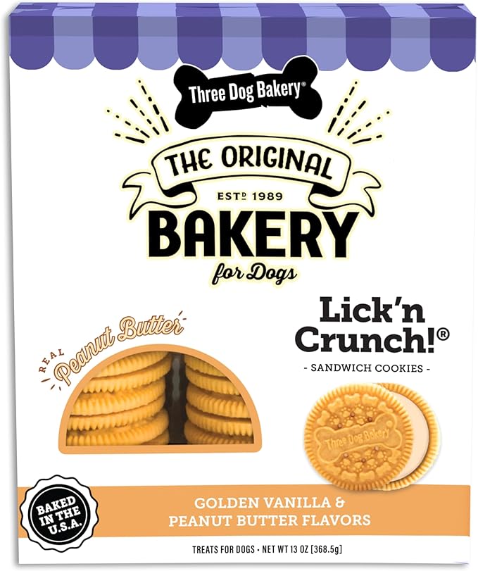 Three Dog Bakery Classic Cremes Baked Dog Treats, Golden with Peanut Butter Filling, 13 oz,Brown,310077 - PAWPICO