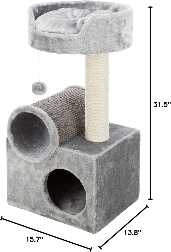 TRIXIE Tolar Cat Scratching Post 31.5 Inch - with Durable Sisal Rope and Tunnel, Condo, Platform with Removable Cushion & Dangling Cat Toy - in Gray - PAWPICO