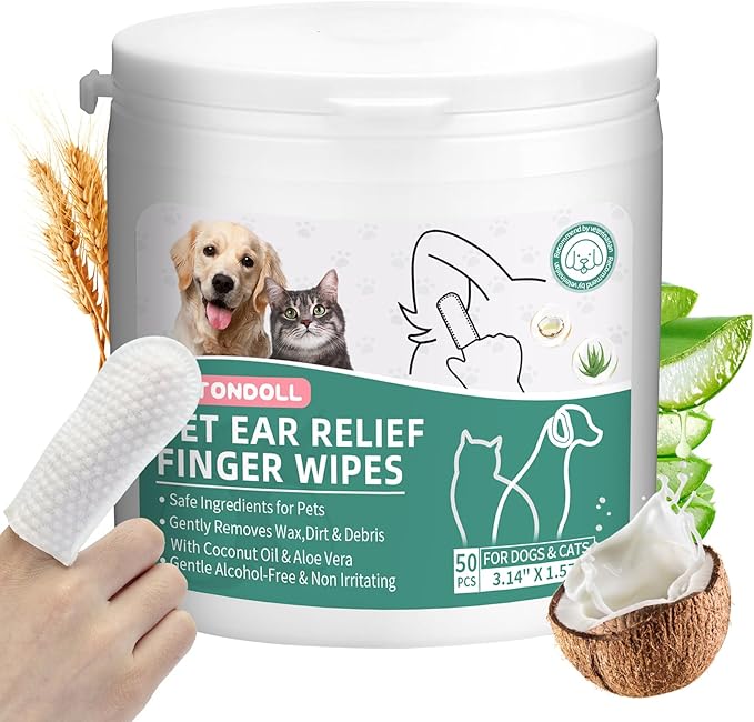 Dog Ear Cleaner Finger Wipes - Cat Ear Cleaner Wipes Grooming Pet Supplies Reduce Dirt Wax, Debris Soothes & Deodorizes, Fresh Coconut Scent 50 Counts ANTONDOLL