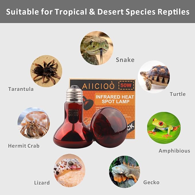 Aiicioo Reptile Red Light Bulb - Reptile Heat Lamp Bulb Infrared Basking Spot Lamp for Bearded Dragon Lizard Turtle Hermit Crab Leopard Gecko Snake Chameleon 50W AIICIOO