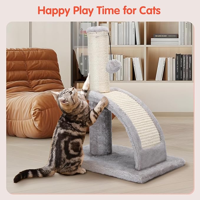 Nobleza Cat Scratching Post for Indoor Cats, Durable Natural Sisal Rope Cat Scratch Post with Cat Self Groomer, Sturdy Cat Scratcher Post for Kittens Small Cats with Funny Hanging Ball, Light Grey - PAWPICO