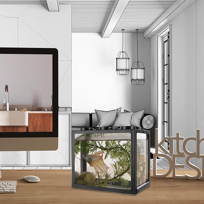 QTLCOHD 4Pcs Small Betta Fish Tank, 0.6 Gallon Mini Fish Tank Aquarium Tank Kit, Stackable Beta Fish Tank, Black Fish Bowl for Turtle Reptile Shrimp Crab Insects Decoration QTLCOHD